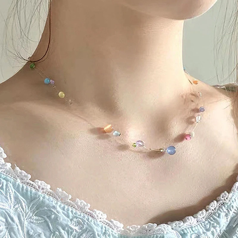 Korean Charm Colorful Moonstone Necklace For Women Fashion Vintage Sweet Harajuku Cute Necklace 90s Aesthetic Y2K Jewelry