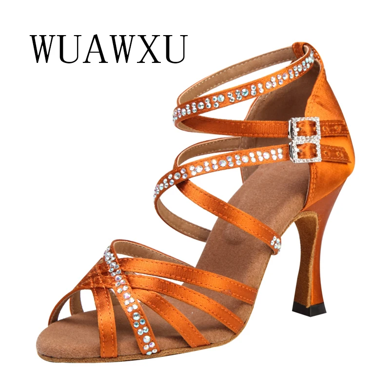 NATASHA 2023 New Latin Dance Shoes Inlaid with Diamond Satin Blue 9cm High Heel Female Adult Soft Sole Social Dance Cha Rumba De