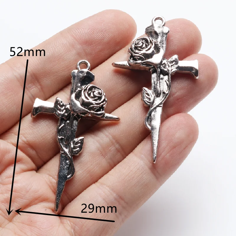 4pcs Antique Silver Color A Nail Through The Heart Rose Crosses 