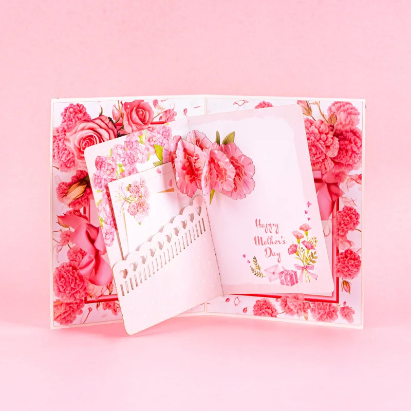 1PC New Pink Double Layered Mother's Day 3D Greeting Card for A Gift for Mothers with 3D Blessings Card