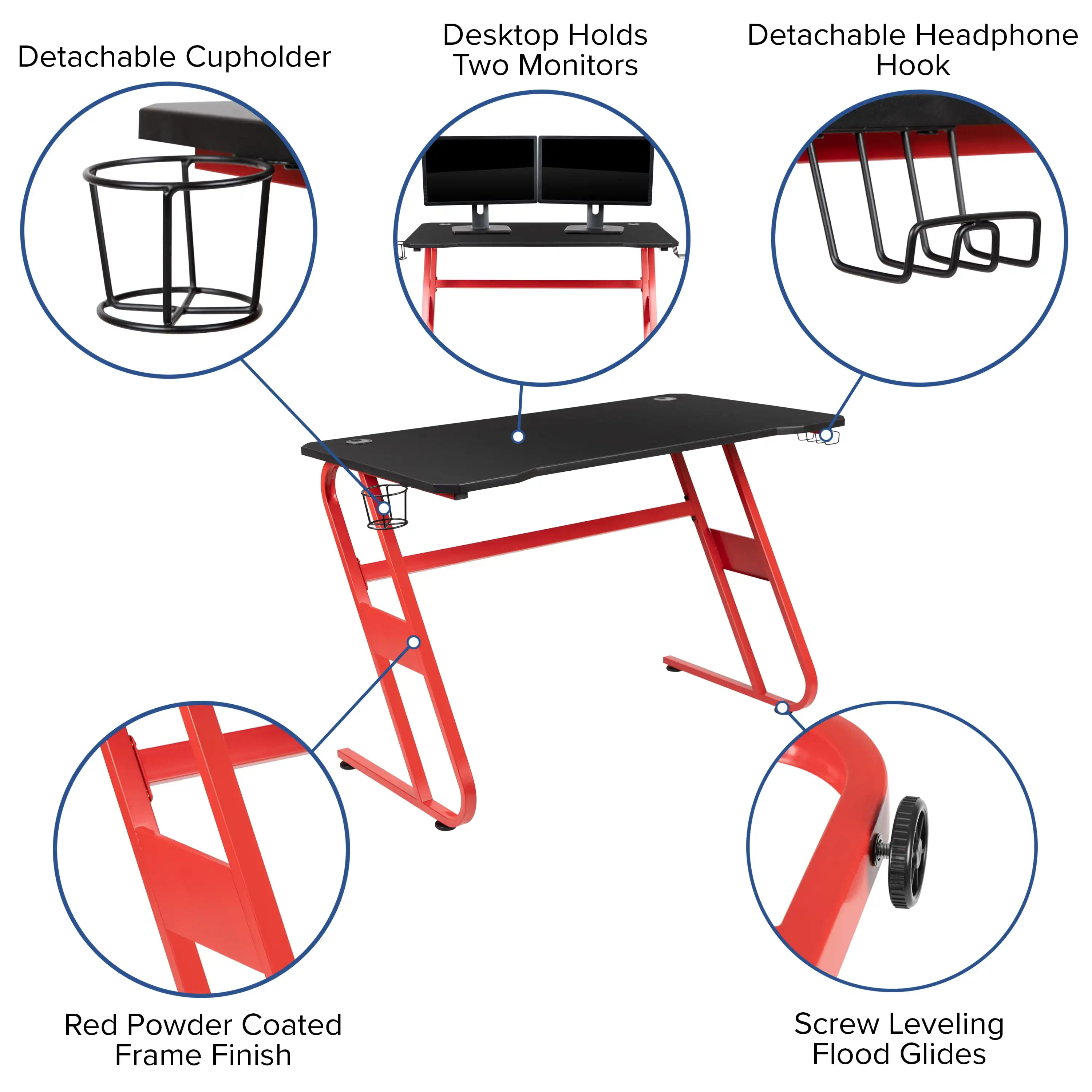 Furniture Red Gaming Ergonomic Desk with Cup Holder and Headphone Hook 4