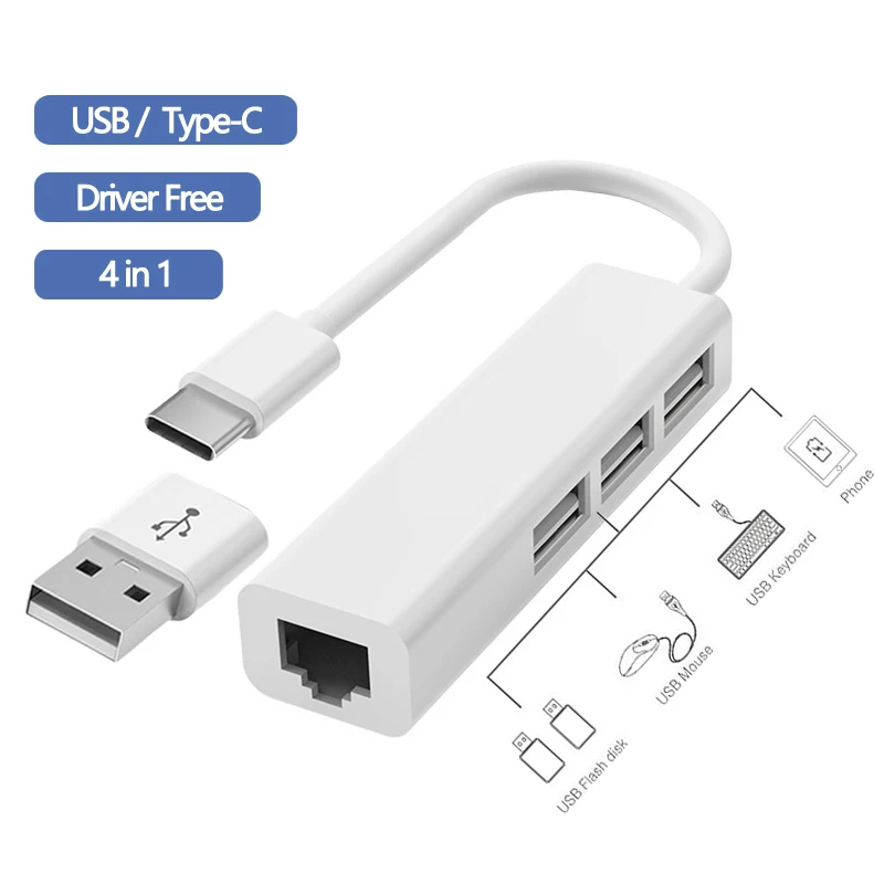 USB C타입-RJ45 랜 네트워크 카드, USB 2.0 이더넷 카드 허브 스플리터 어댑터, 노트북 PC 드라이버 무료, 4 in 1, 10GBit/s