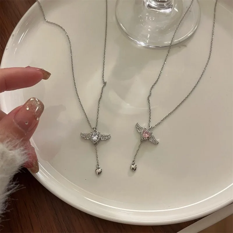 925 Sterling Silver Heart Angel Wings Pendant Choker Necklaces for Woman Girls Party Jewelry Accessories 2PCS
