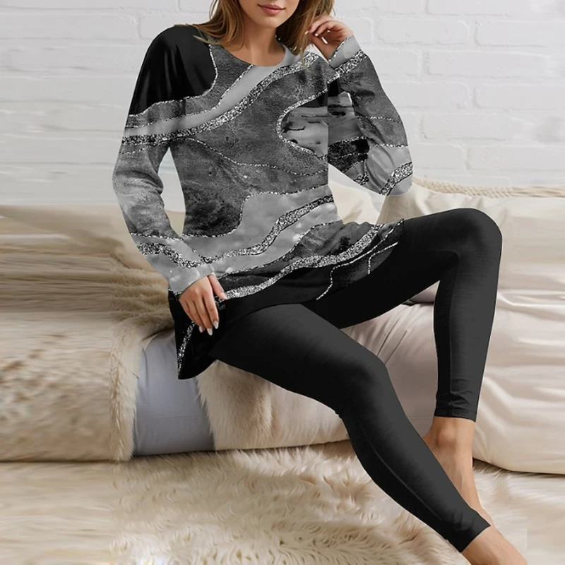 

Elegant O-neck Printed Pullovers Tops and Long Pant Set Women Casual Long Sleeve Slim Suits Elegant Pajamas Homewear 2Pc Outfits