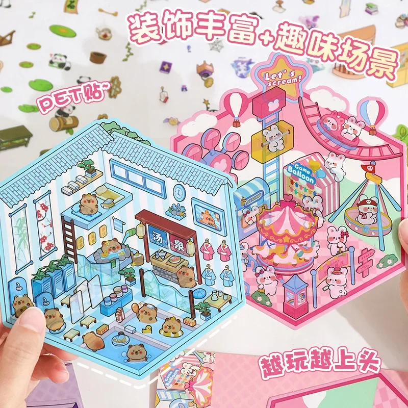 Manual 3D DIY Sticker Cabin Scene Landscaping Stickers Miniature Stacking Pasting Hand Account Gift for Kid Child Free Tweezers
