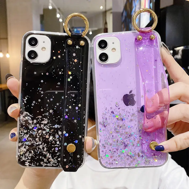 

Wrist Strap Phone Case For iPhone 15 14 Plus 13 12 11 Pro XS Max XR X Glitter Sequin Clear Silicone Cover