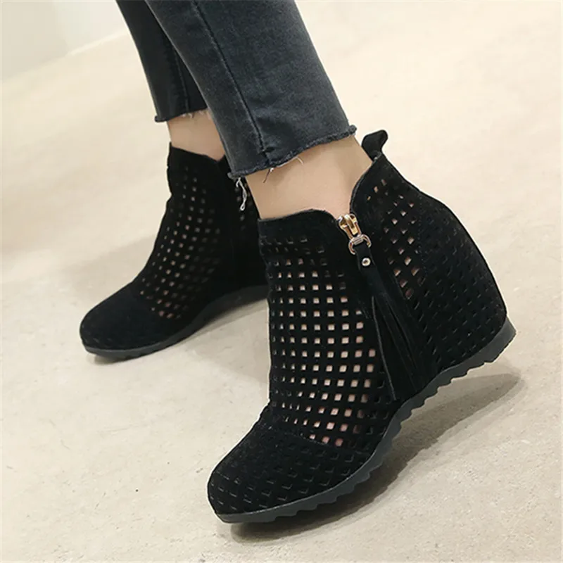 2025 New Women Summer Boots Flat Low Hidden Wedges Cutout Zip