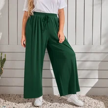 

DOUJILI Big Size Trousers Long Green Color Loose Wide Leg Pants Elastic High Waist Casual Wearing Women Pants