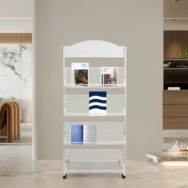 Stylish and functional floor-standing magazine rack with metal wheeled design