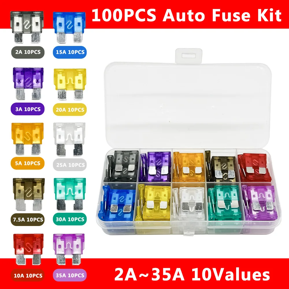 100Pcs Medium car Auto Fuse Kit 15A 20A 25A 30A 35A 10 Types Car Fuse Assortment with Box Blade Type Assorted Kit