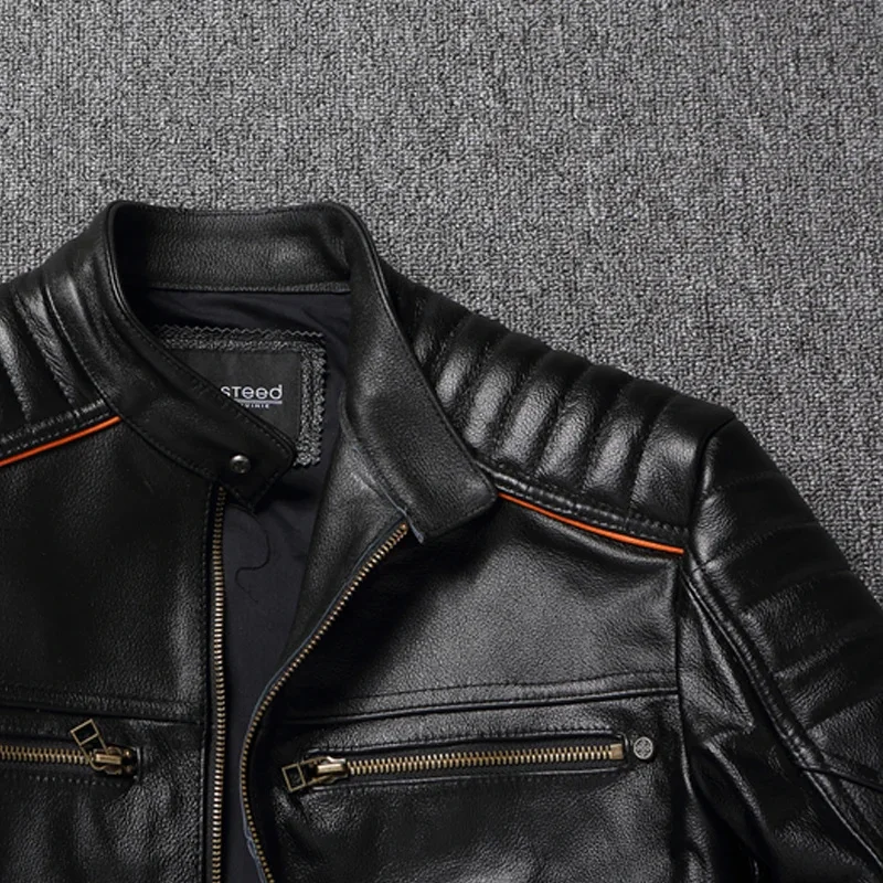 جاكيت رجالي من جلد البقر بطبقة أولى ، معطف ضيق كبي...