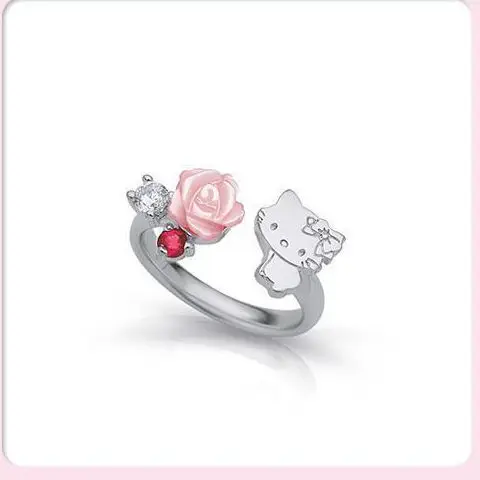 TAKARA TOMY 925 Sterling Silver Hello Kitty Diamond Rose Open Adjustable Ring Girls Sweet Hand Jewelry 6