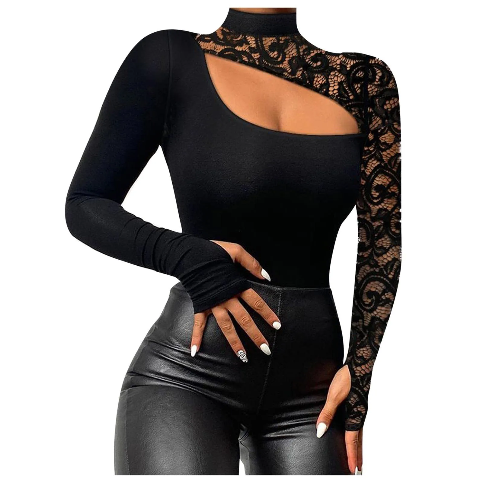Description Picture 3 of itemWomen'S Long Sleeve Top Fashion Casual Solid Color Lace Splicing Sexy Irregular Lace Hollow Top Women'S Bottom Shirt топ женский