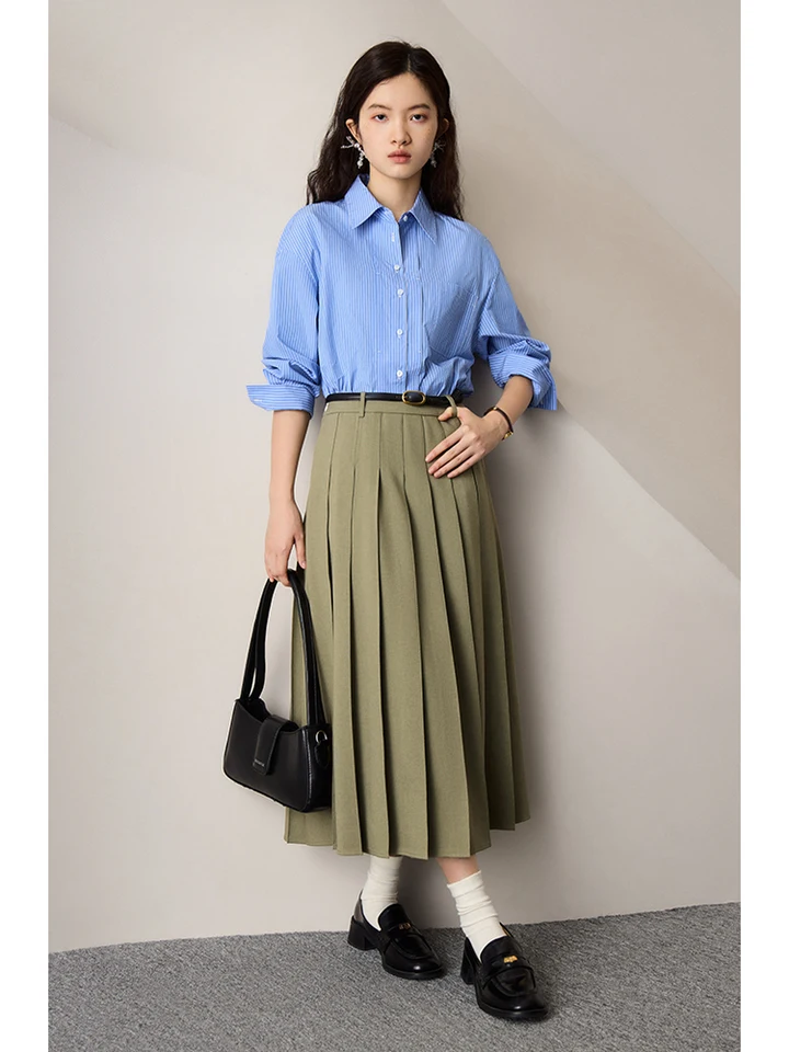 Ziqiao-女性のための青い縞模様の長袖シャツ,カジュアルなルーズ