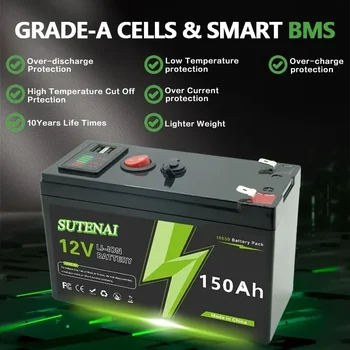 12V Lithium Battery 150Ah LiFePO4 4000+ Deep Cycles Built-in BMS,10-Year Lifetime,for UPS, Kayak Fish Finder, Solar Panel,Radio