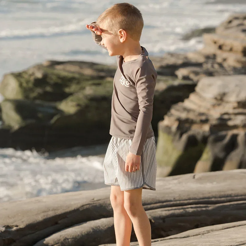 Baby Boy Swimwear Cute Print Round Collar Long Sleeve Top+Elastic Waist Shorts Kid Split Swimsuit Sunscreen Beach Clothes E23296