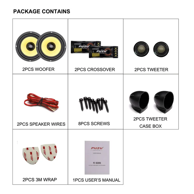 강력하고 선명한 사운드를 위한 PUZU PZ-6509S 2 웨이 컴포넌트 자동차 오디오 스피커