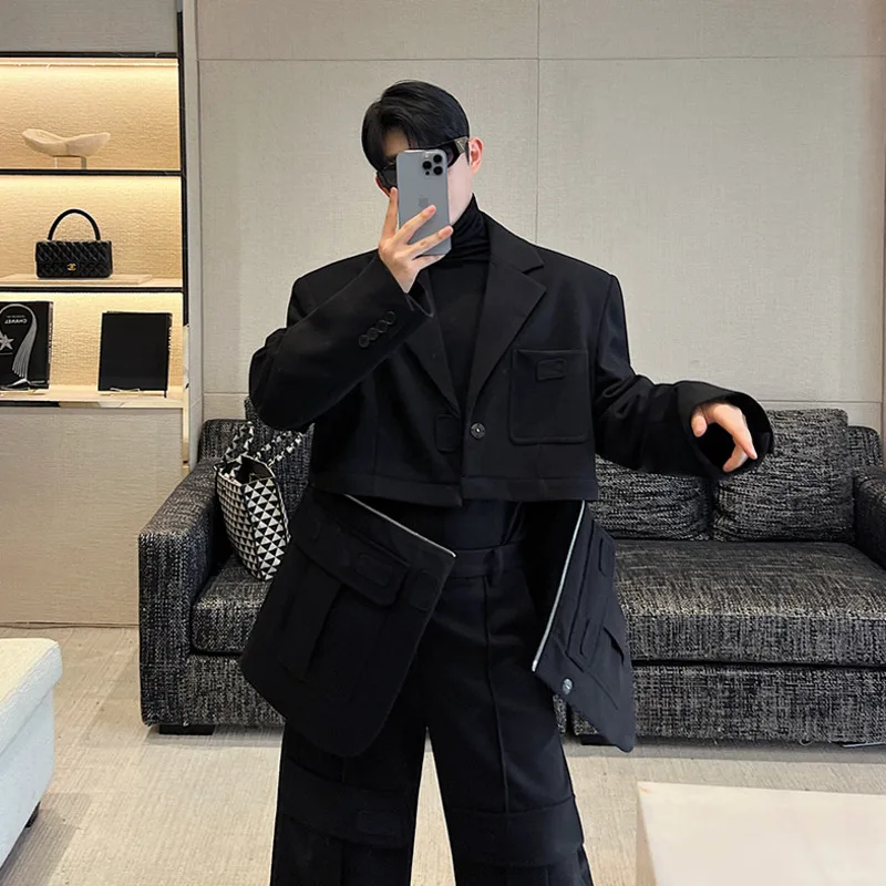 NOYMEI Korean Style Men\'s Two Pieces Cargo Suit Set Large Pocket Removable Heavy Fabric Wide Leg Pants Detachable Blazer WA3174