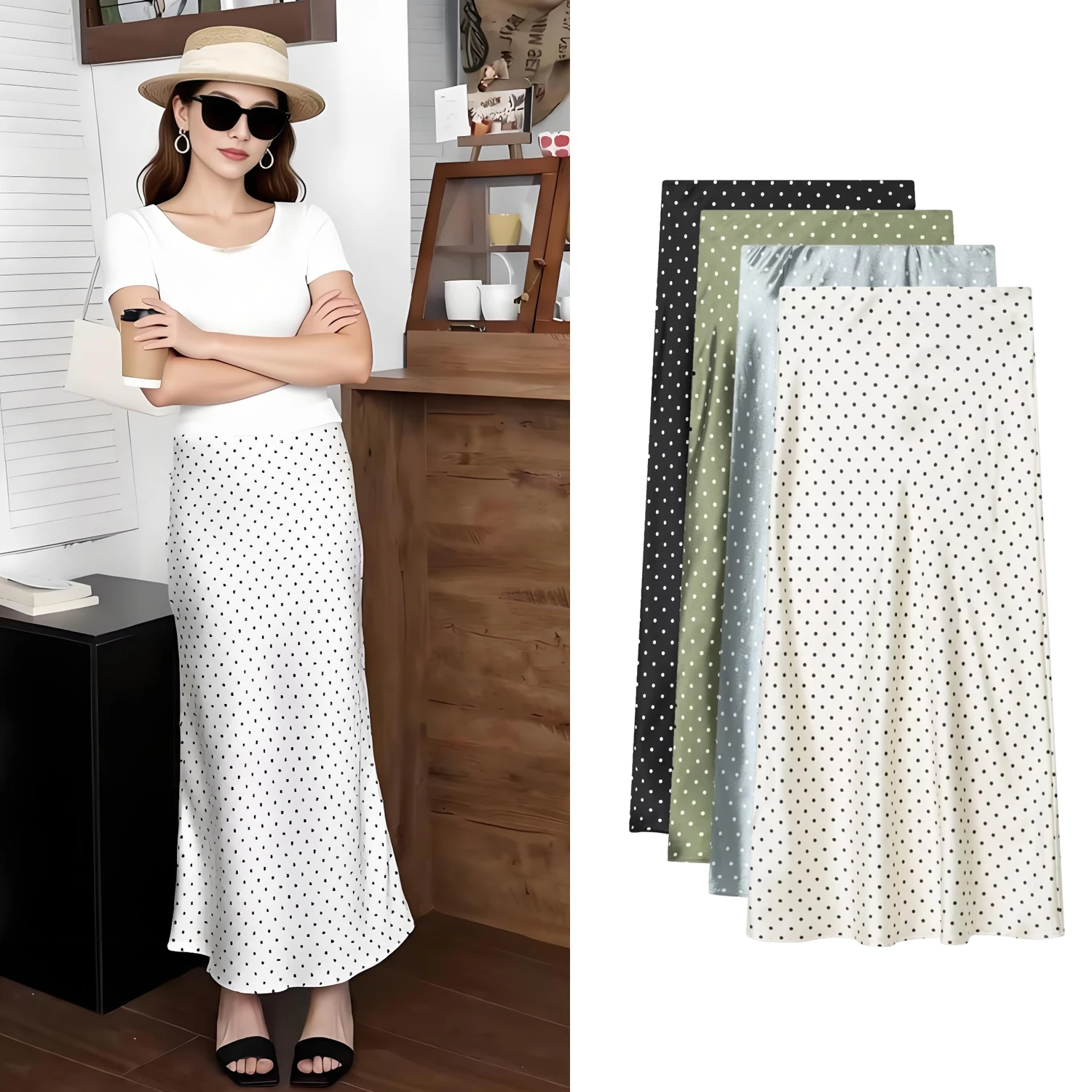 Women White Vintage Polka Dot Satin Skirts Spring Summer New High Waist Casual Mid Length Skirts Lady Elegant Party Skirts 1