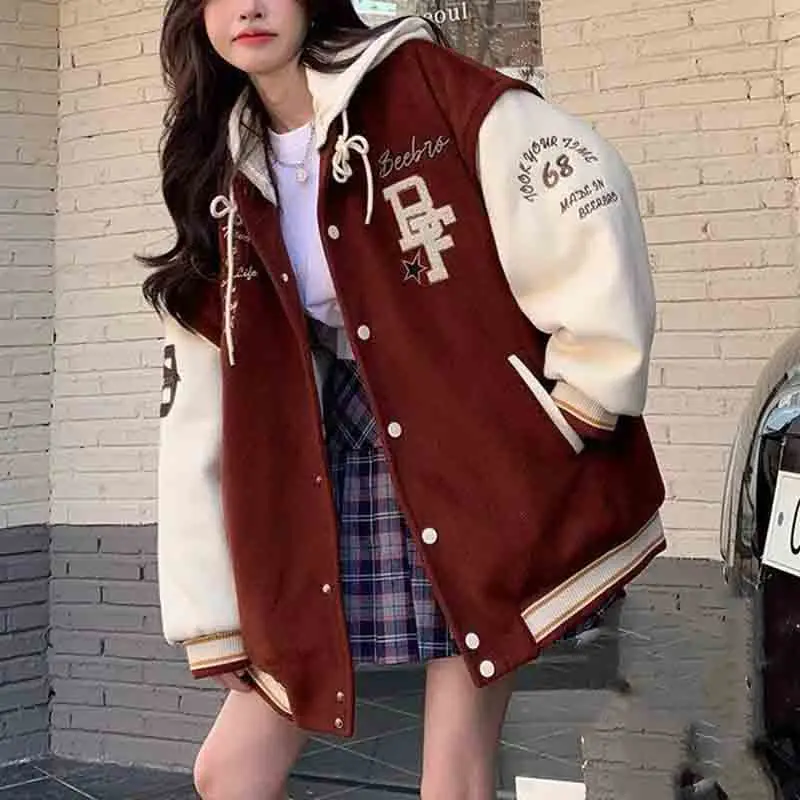 American Retro Preppy Style Baseball Jacket Plush Thick Blazers Women Autumn Winter New Student Harajuku Cardigans Hooded Coat deeptown korean style white bomber jacket women streetwear preppy vintage tweed baseball jackets college autumn winter fashion