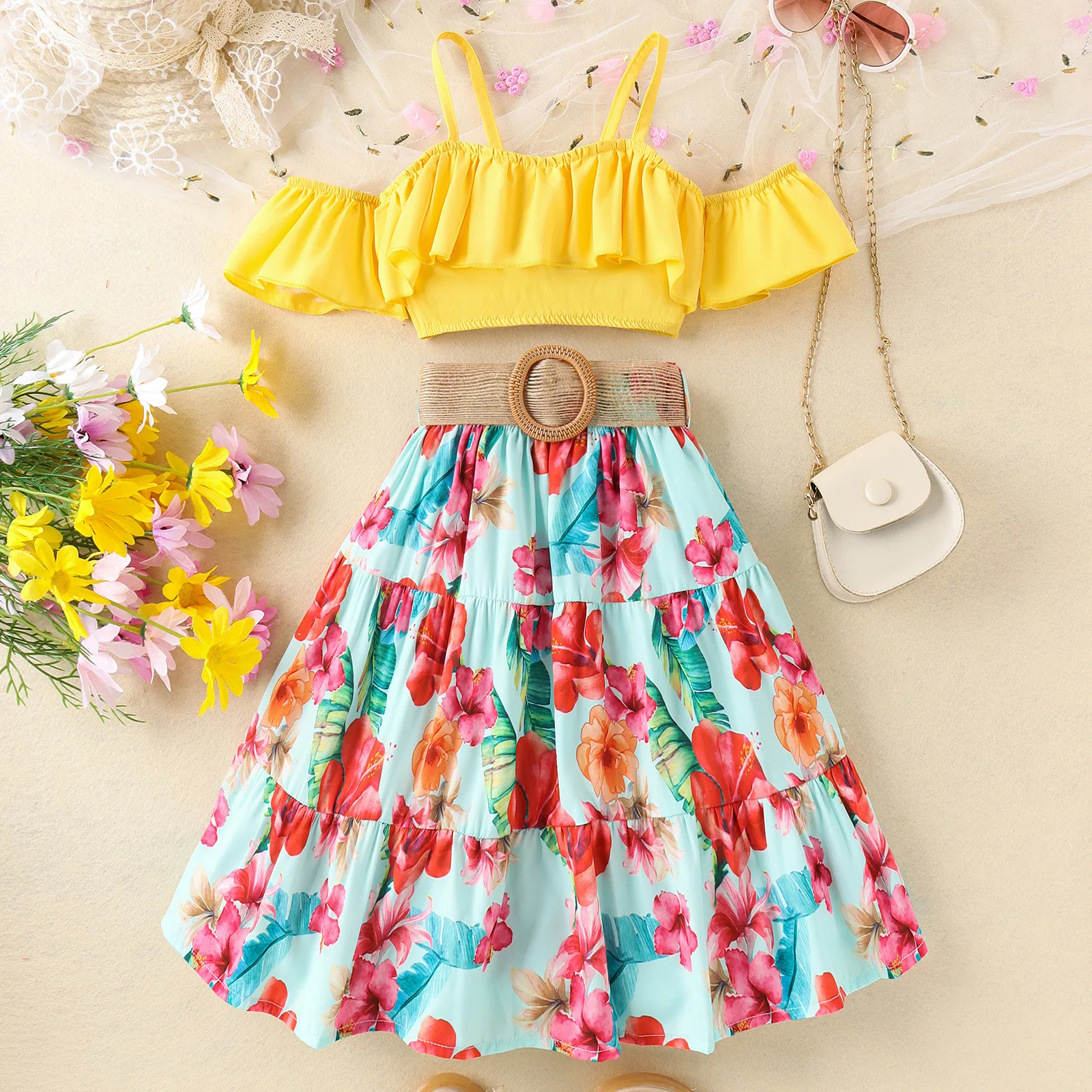 

2024 Summer Girls Clothes Sets Solid Off Shoulder Ruffles Short Sleeve Sling Crop Tops + Flower Print Maxi Skirt Kids Clothing