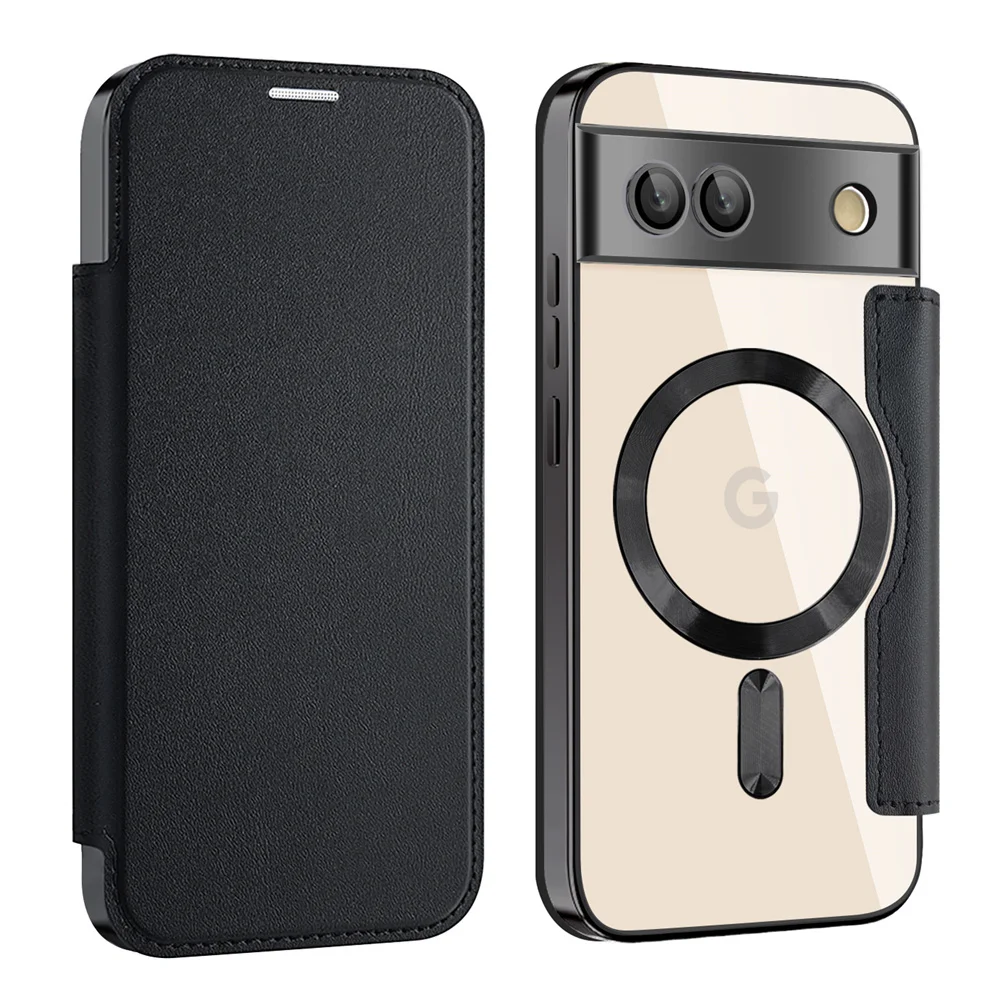 Luxury Leather Magnetic Wallet Card Clip Phone Case with Clear Cover and Wireless Charging Capability