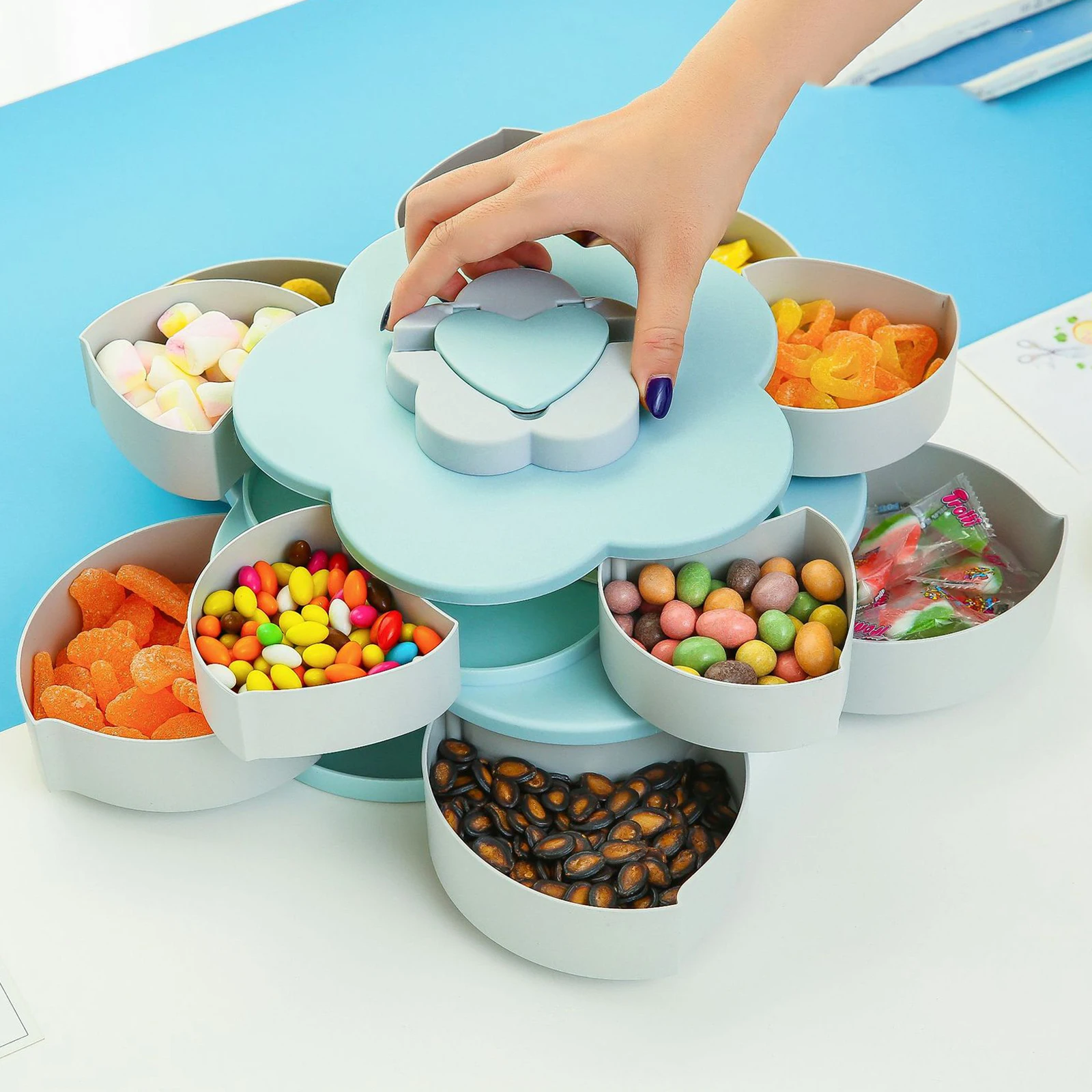 Petal Candy Box 2 Layer Rotating Nut Snack Storage Cases Food Dried Fruit Serving Tray Plate