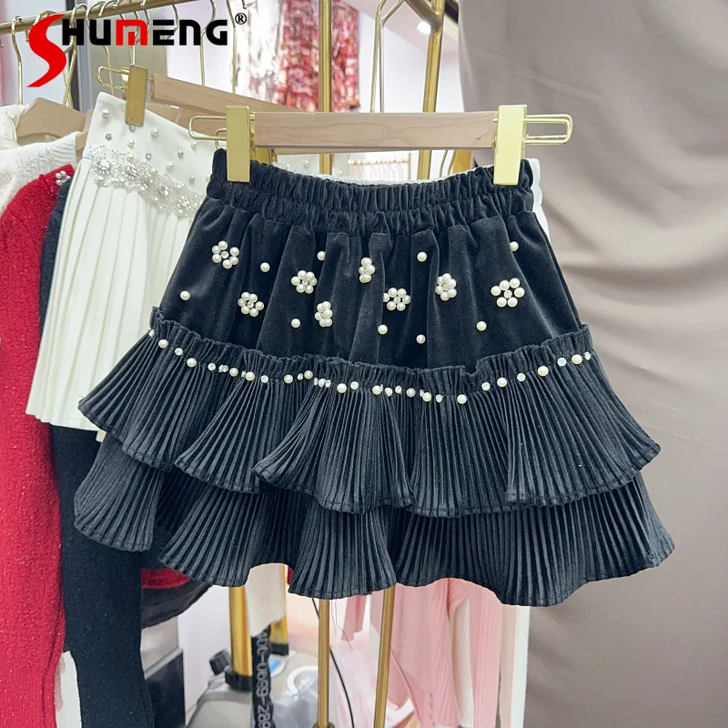 

2023 Autumn Winter New Beaded Skirts Slimming High Waist All-Matching Pettiskirt Sweet Feminine Fashion Skirt Women’s Clothes