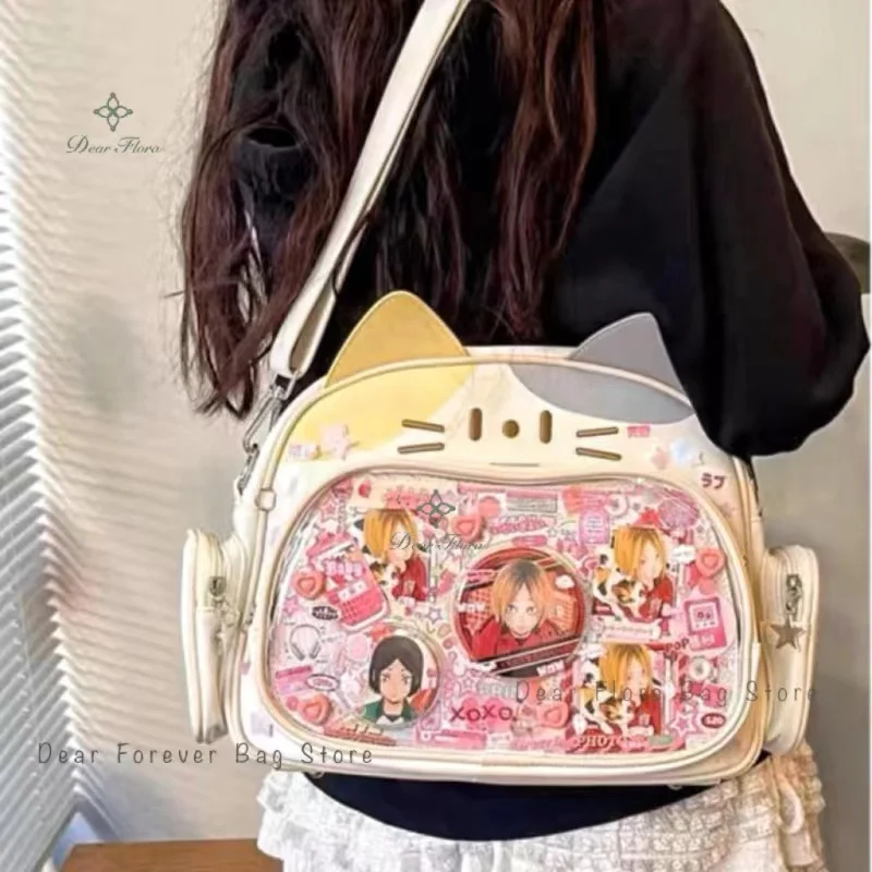 New Y2K Korean Kawaii Cat Ita Bag Cute PU Shoulder Bag Girls Transparent Pocket Harajuku Crossbody Bag Women's Fashion Backpacks 4