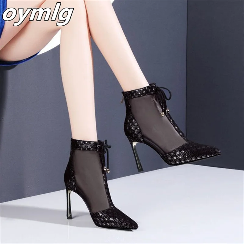 Mesh Cool Boots for Women 2023 Spring/Summer New Fashion Baotou Thin Heel Pointed Back Zipper High Heel Sandals for Women