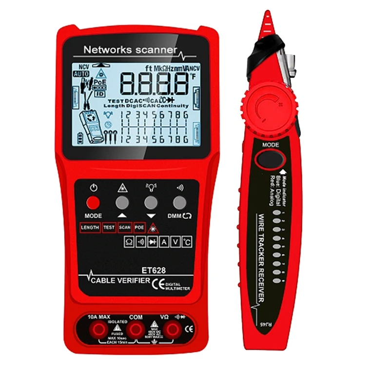 

3In1 Visual Fault Locator Multimeter Network Cable Tester Silent Vibrate Search POE Test Cable Pairing Length Wiremap Red