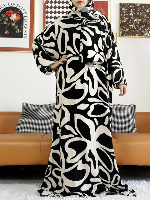 110671-530431.jpg 2025 coton musulman dame Abayas Ramadan vêtement de prière dubaï turquie moyen-orient Femme Robe ample Robe africaine Turban Joint