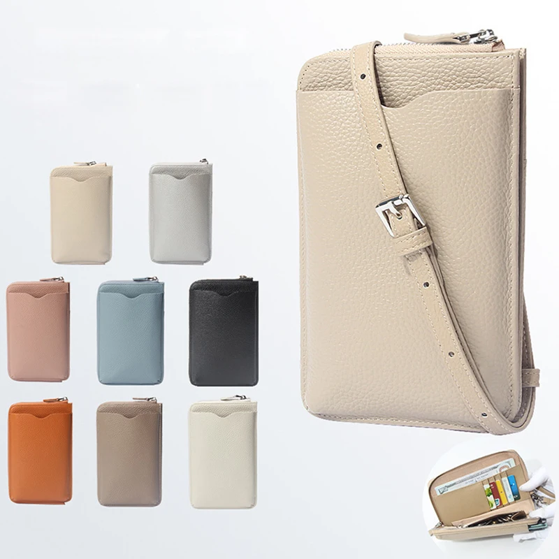 

Genuine Leather Mini Shoulder Crossbody Bag Woman Adjustable Straps Zip Messenger Bags Multi-Card Slots Phone Bag with Keychain