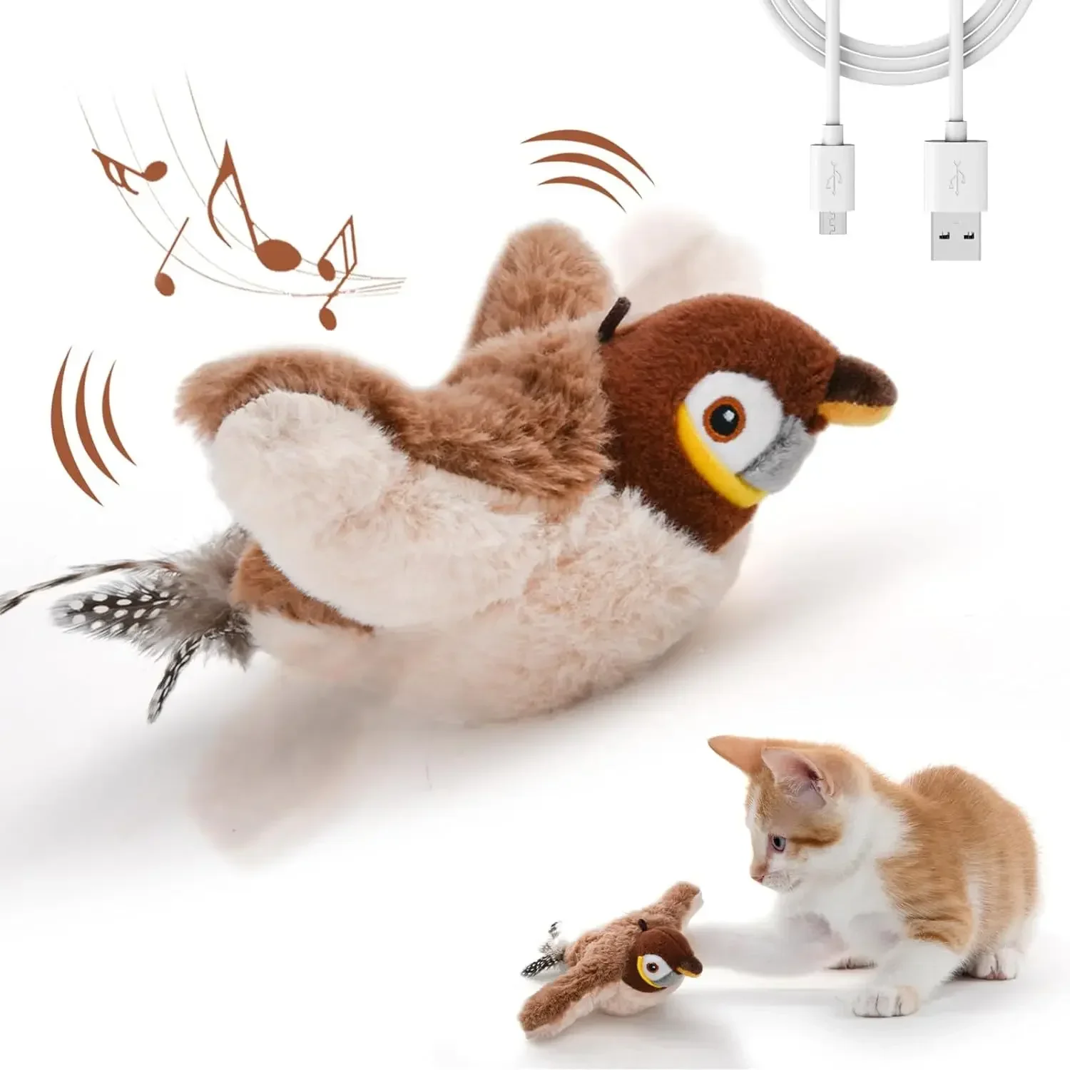 Cat Toys Interactive Rechargeable Chirping Flapping Bird(no Flying) with Catnip for Indoor Cats Touch Activated Plush Toys