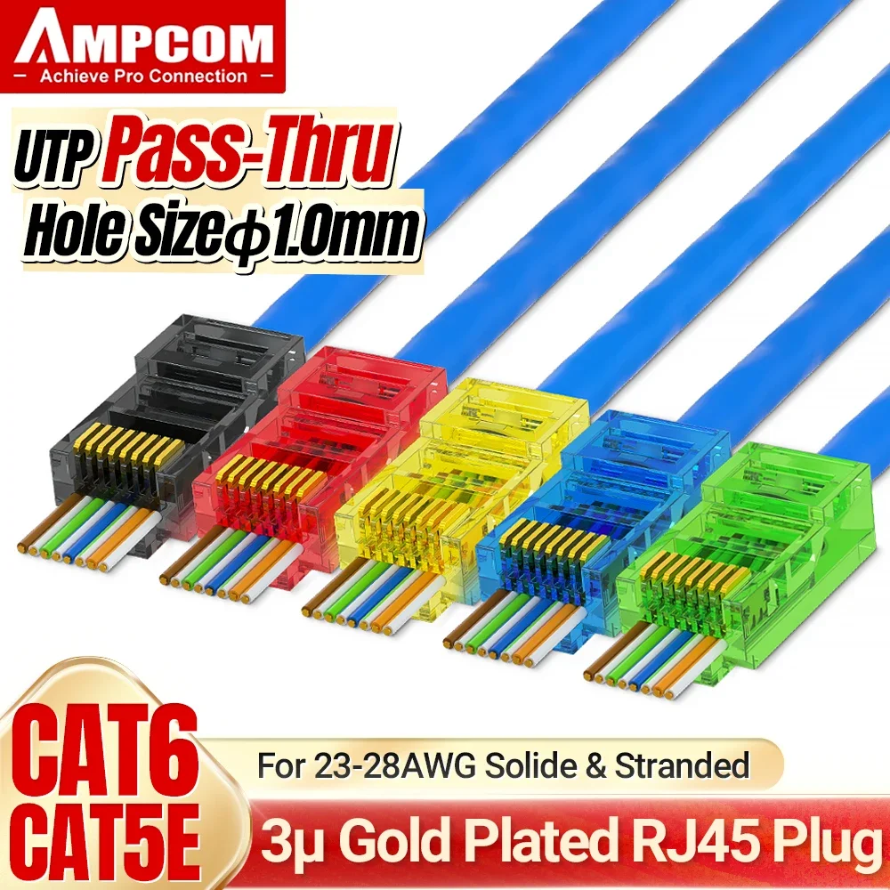 AMPCOM RJ45 Plug Cat6 Pass Through Connectors EZ to Crimp Modular Network Connector for Computer Hardware Stranded UTP Cable