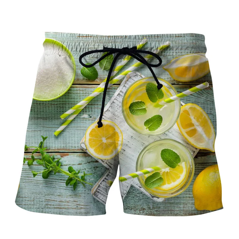 

Fruits Lemon Strawberry 3d Print Beach Shorts For Men Street Short Pants Quick Dry Surf Board Shorts Summer Loose Swim Trunks