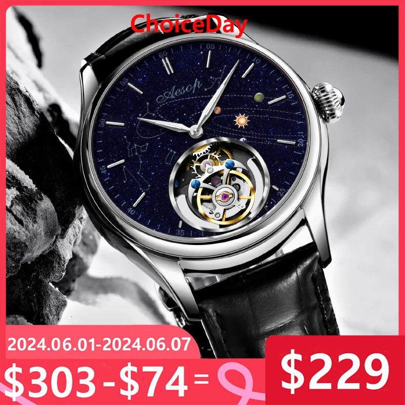 Super AESOP Flying Tourbillon Watch for Men Milky Way Star Sapphire Dial Luxury Steel Band Male Mechanical WristWatches 1963