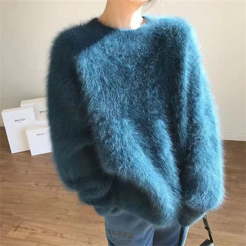 Women 2025 Autumn Winter Thick New Mink Velvet Knitted Tops Female Round Neck Loose Pullover Ladies Solid Color Sweaters Tops 1