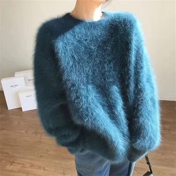 Women 2025 Autumn Winter Thick New Mink Velvet Knitted Tops Female Round Neck Loose Pullover Ladies Solid Color Sweaters Tops 1