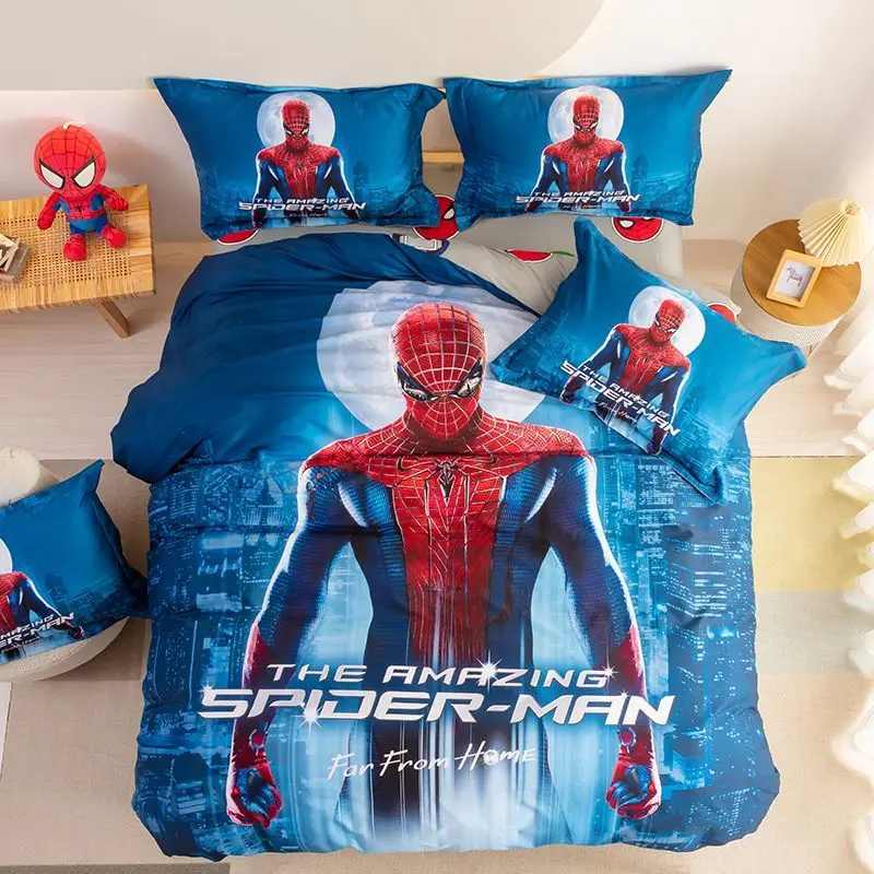 

Marvel Spiderman Captain America boy cool personality cartoon picture pure cotton cartoon quilt cover bed sheet three-piece set