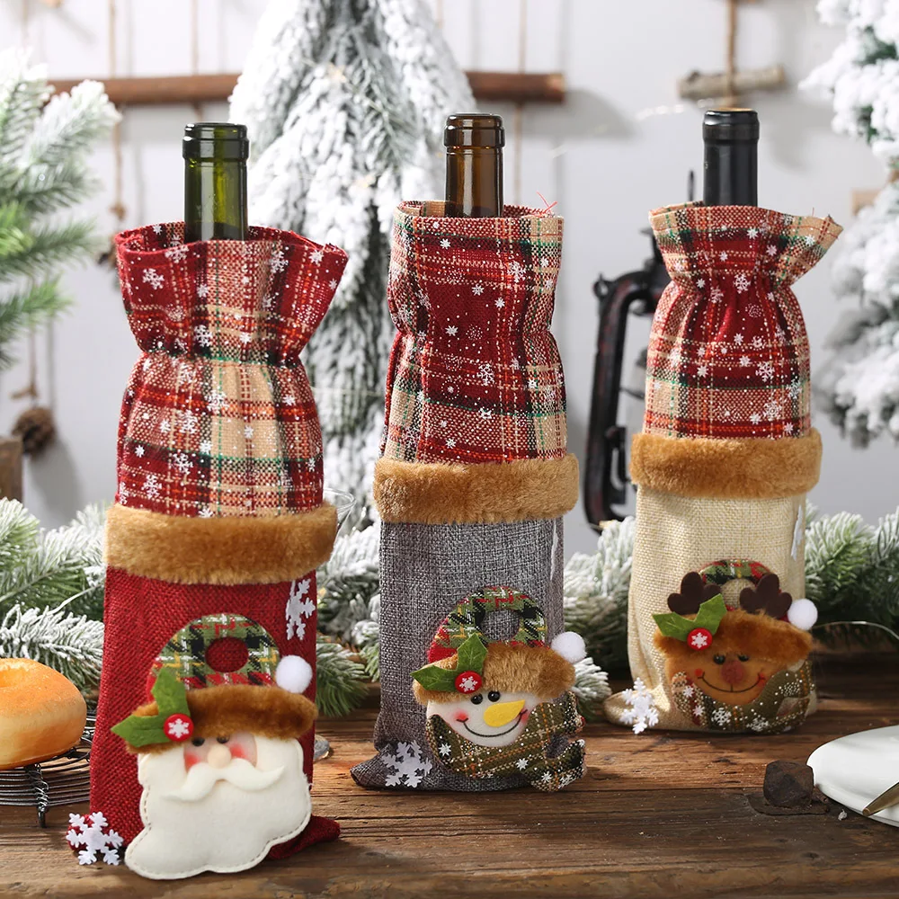 Wine Bottle Cover Burlap Wine Bags Christmas Decorations Wine Bottle Sets Plaid Linen Wine Bottle Decorations Plaid Bags