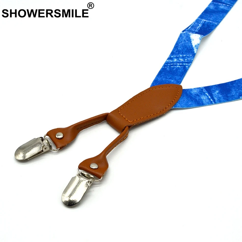 SHOWERSMILE Boys Suspenders Print Denim Blue Braces And Bow Tie Set Children Leather 4 Clips Elastic Adjustable Kid Pants Strap
