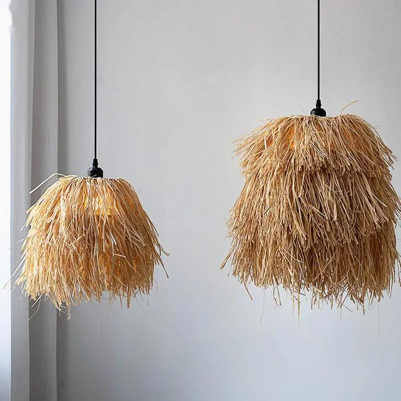Retro Wabi-sabi Wind Pendant Lamp Decorative Straw Chandelier for Dining Room and Bedroom Homestay Lighting