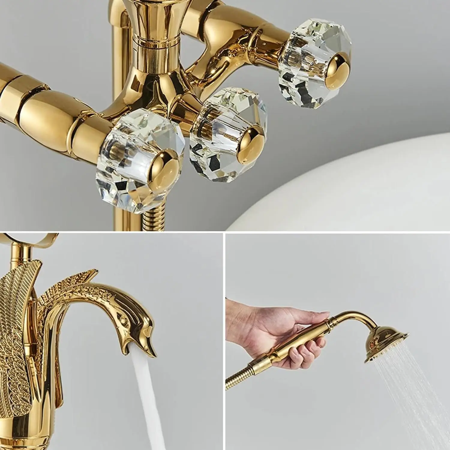 KEMAIDI Retro Freestanding Bath Shower Set Bathroom Shower Faucet Set Swan Design Faucets Mixer with Crystal handwheel Hot Cold 3