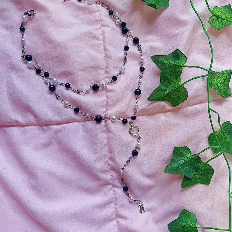 White Black Double Layered Rosary Necklace Fairy Mall Goth Fairycore