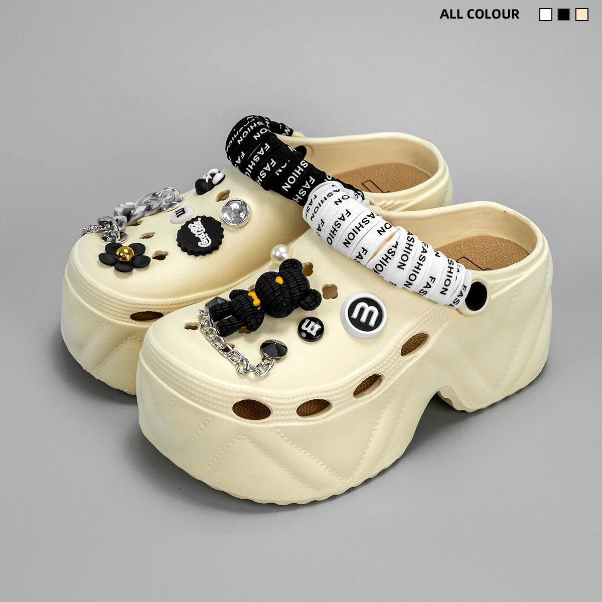 New Fashionable Black and White Strappy Bear High Heeled Imitation Leather Pattern Clogs X8809 - Image 3
