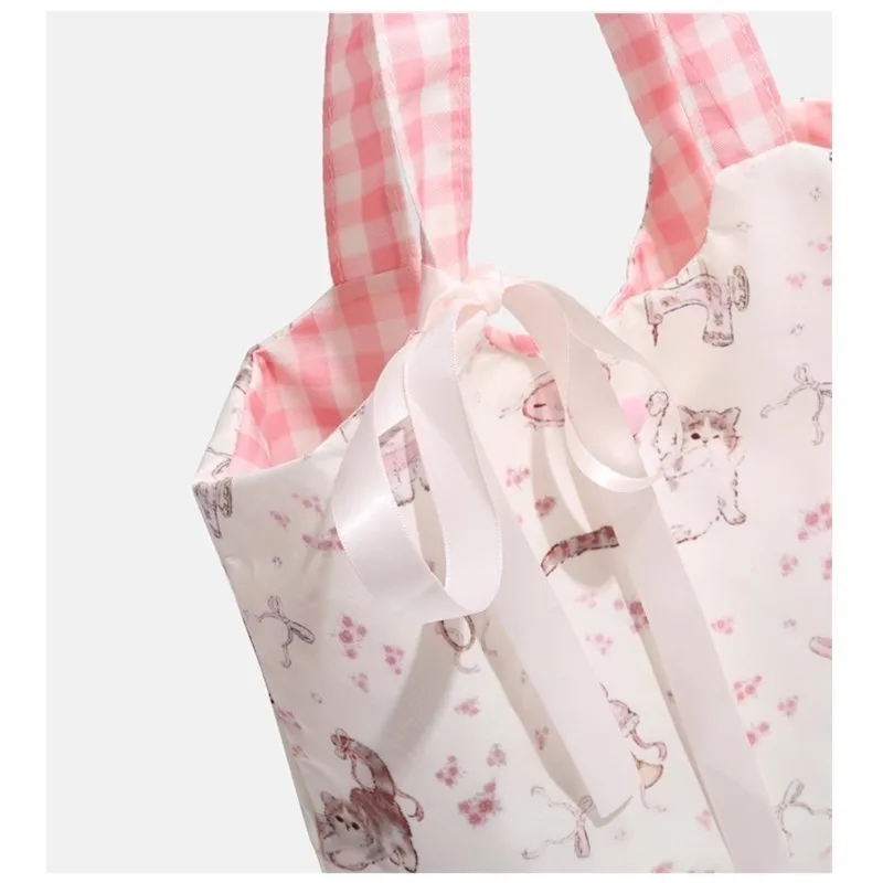 JIAERDI Fairy Core Floral Cat Print Shoulder Bags Y2k Women Harajuku Bow Canvas Bag Female Underarm Bag Purse Bolsos De Mujer