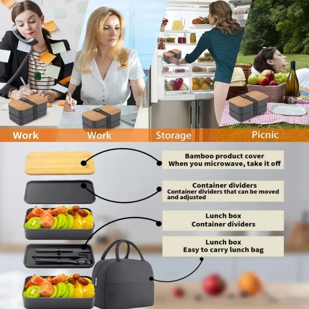 Adult Bento Lunch Box, 2-Tier Food Storage Container Set with Cutlery for Kids/children, Crisper Microwave and Dishwasher Safe - 6