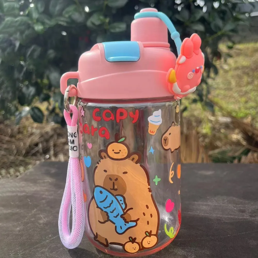대용량 카피바라 물병 PP 빨대 투명 600ML 이중 음용컵 PC 누수 방지 휴대용 물병 차