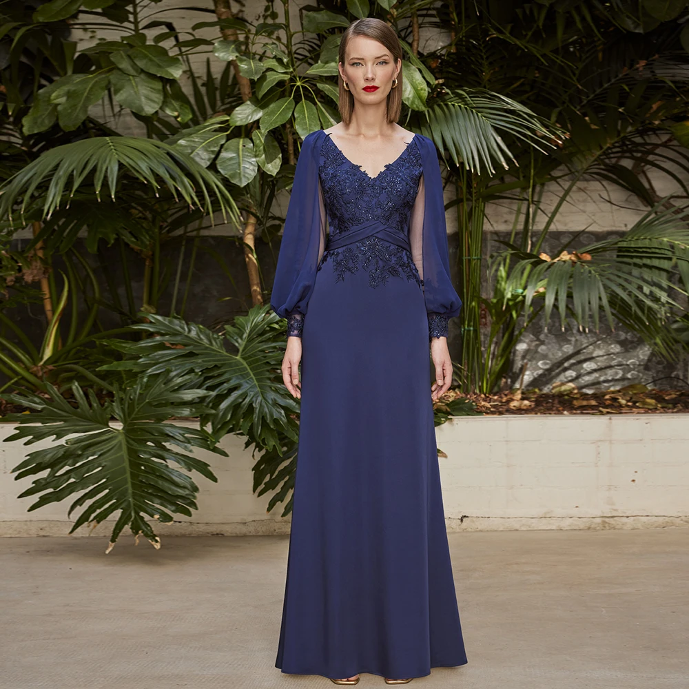 

Classic Navy Mother of the Bride Dresses V Neck Long Sleeves Wedding Party Gowns Appliques Floor Length A-Line فساتين السهرة